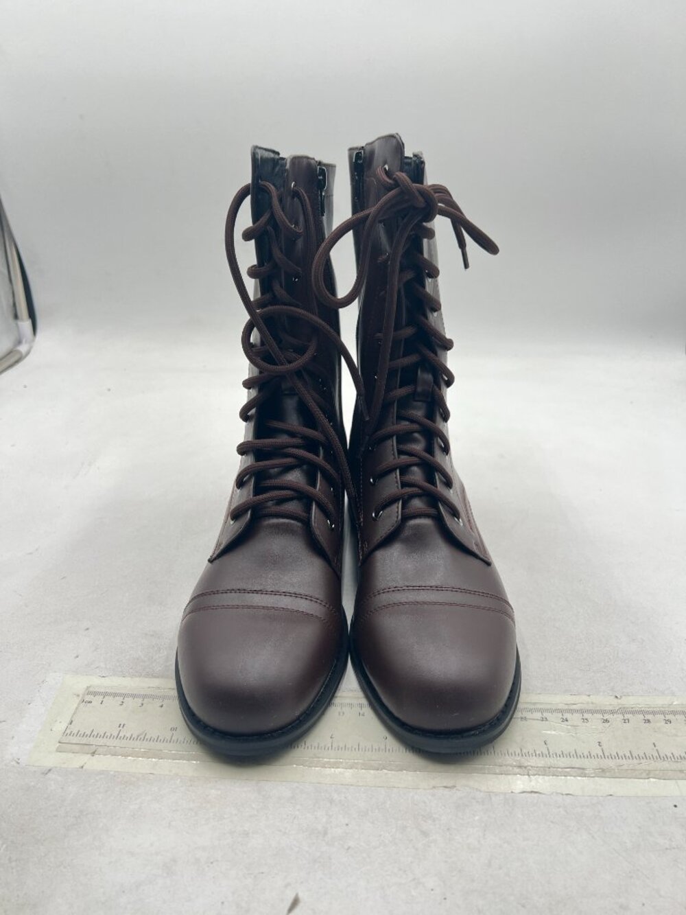 XYD Burgundy Women Girls Lug Sole Stacked Chunky Heel Front Lace Up Combat Boots - Picture 3 of 8